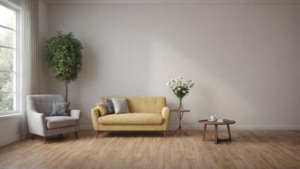 A modern living room with matching furniture theme set and decorative items 3d illustration. An empty wall and art frame mock-up template on the wall.