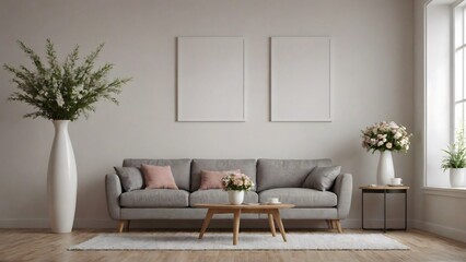 A modern living room with matching furniture theme set and decorative items 3d illustration. An empty wall and art frame mock-up template on the wall.