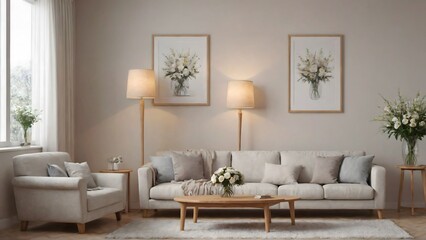 A modern living room with matching furniture theme set and decorative items 3d illustration. An empty wall and art frame mock-up template on the wall.