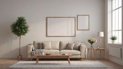 Obraz premium A modern living room with matching furniture theme set and decorative items 3d illustration. An empty wall and art frame mock-up template on the wall.