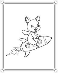 Cute bunny riding a space rocket suitable for kids coloring page vector illustration