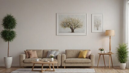 A modern living room with matching furniture theme set and decorative items 3d illustration. An empty wall and art frame mock-up template on the wall.