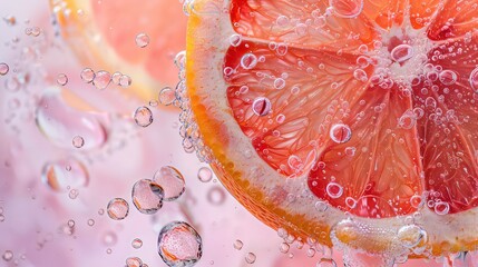 Close-up of a grapefruit slice with air bubbles in water.