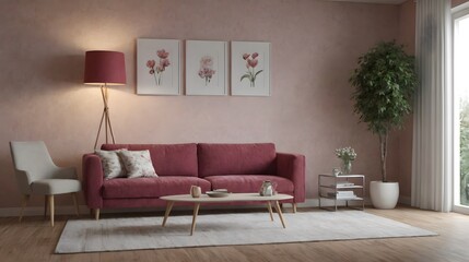 Obraz premium A modern living room with matching furniture theme set and decorative items 3d illustration. An empty wall and art frame mock-up template on the wall.
