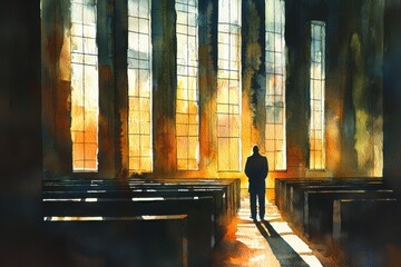 Fototapeta premium A solitary figure stands in a serene church, illuminated by warm light streaming through tall stained glass windows.