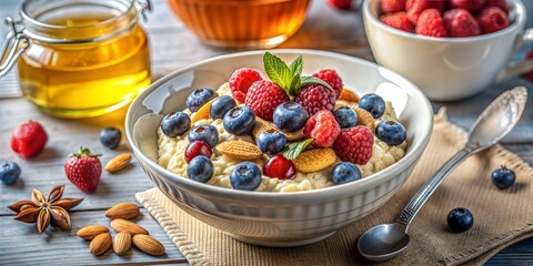  Bowl of oatmeal topped with almonds, berries, and honey, healthy brain-boosting breakfast, comforting meal
