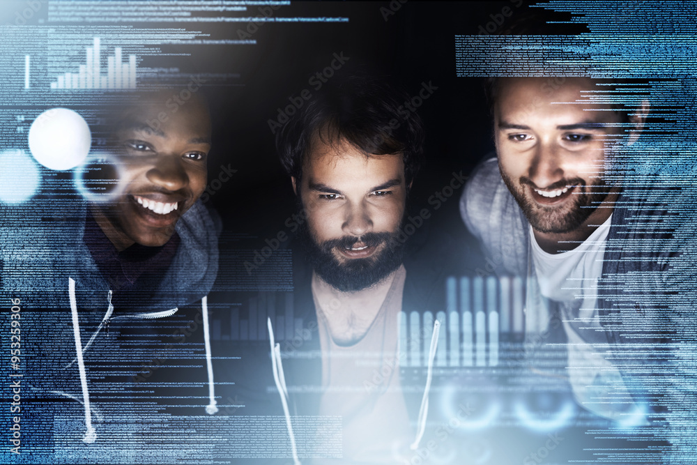 Poster Business people, data and night with dashboard for future development, analytics or statistics at office. Group of young developers working late on futuristic technology or overlay for performance