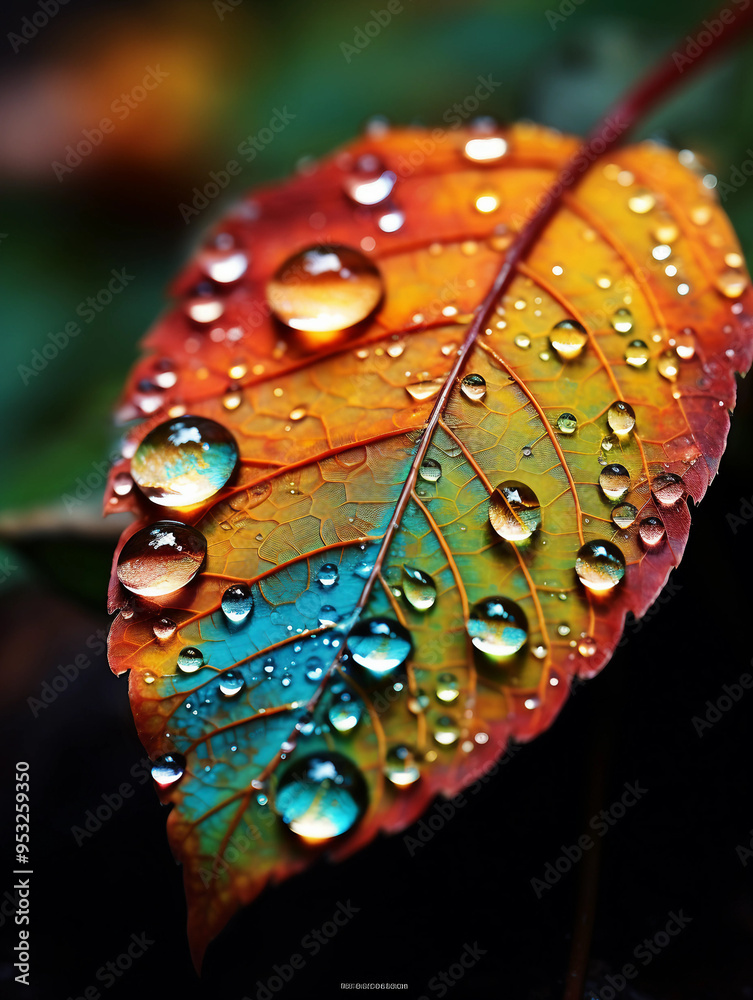 Wall mural Colorful Leaf with Raindrops