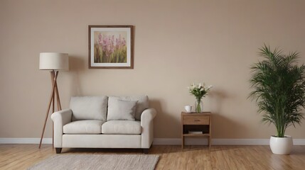 Fototapeta premium High resolution interior design image of a room with white sofa, table, wall art frame mock up 