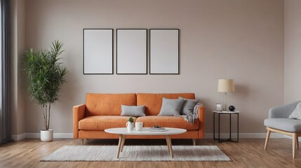 A modern living room with matching furniture theme set and decorative items 3d illustration. An empty wall and art frame mock-up template on the wall.