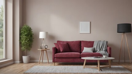 A modern living room with matching furniture theme set and decorative items 3d illustration. An empty wall and art frame mock-up template on the wall.