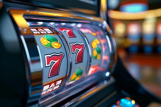 Vibrant Casino Slot Machine with Triple Sevens and Bright Colors Captures the Excitement of Gambling and Luck