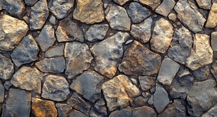 Fototapeta premium Textured collection of irregular stones arranged closely on a dirt path in natural sunlight