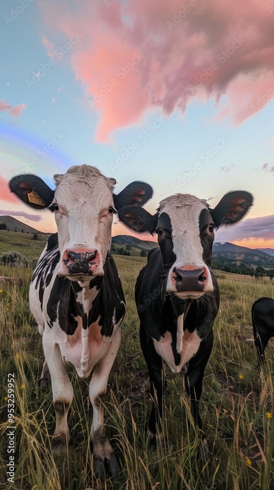 Poster Two cows standing in a field with a beautiful sunset in the background