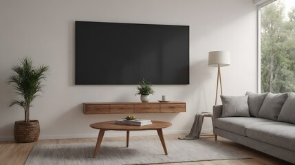 A modern living room with matching furniture theme set and decorative items 3d illustration. An empty wall and art frame mock-up template on the wall.