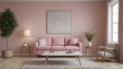 A modern living room with matching furniture theme set and decorative items 3d illustration. An empty wall and art frame mock-up template on the wall.