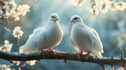 Two white doves perched on a branch, surrounded by a soft, white floral background, showcasing their pristine feathers and delicate features.