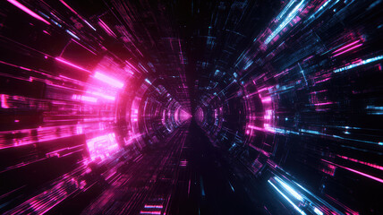Obraz premium futuristic neon tunnel background with glowing lines, dark contrasts, and textured digital elements. the high-tech, dynamic aesthetic creates a sense of innovation and excitement,