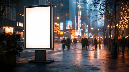Blank billboard on a city street at night with pedestrians walking by, blurred background.