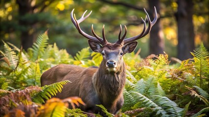 Red Deer Stag Between Ferns in Autumn Forest