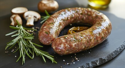 Grilled sausages with fresh herbs and mushrooms on a rustic black board