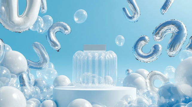 a surreal podium balloon background featuring a podium made entirely of transparent balloons, floating above a field of oversized, floating balloon letters and numbers