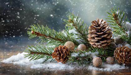 Pine cones with evergreen branches on a wooden surface with snowy winter backdrop and warm light