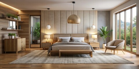 luxurious modern minimalist bedroom setup dawn softbox lighting oak wood furniture plush rug pastel hues serene atmosphere affordable luxury lifestyle