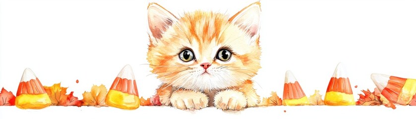 Adorable ginger kitten with big eyes, surrounded by colorful candy corn and autumn leaves, perfect for seasonal themes.