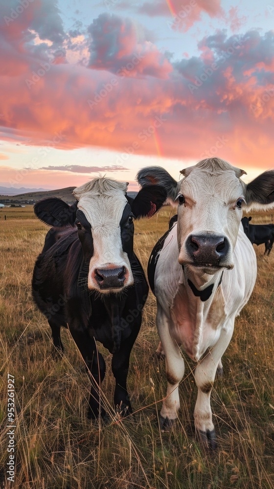 Poster Two cows standing in a field with a beautiful sunset in the background