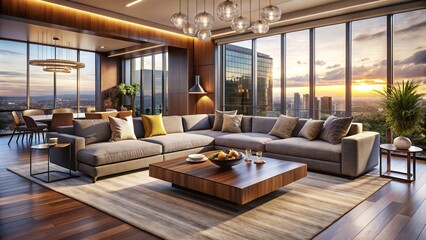 Luxurious modern Sydney living room featuring sleek grey sectional sofa, rich walnut coffee table, and floor-to-ceiling windows bathing the space in warm golden light.