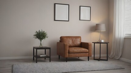 Obraz premium A modern living room with matching furniture theme set and decorative items 3d illustration. An empty wall and art frame mock-up template on the wall.