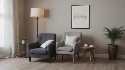 A modern living room with matching furniture theme set and decorative items 3d illustration. An empty wall and art frame mock-up template on the wall.