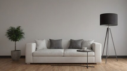 A modern living room with matching furniture theme set and decorative items 3d illustration. An empty wall and art frame mock-up template on the wall.