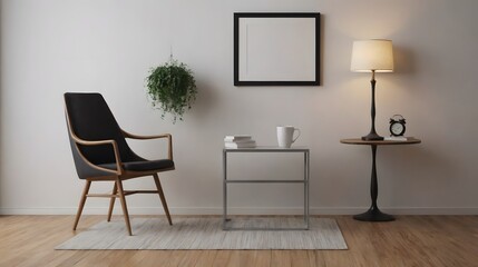 A modern living room with matching furniture theme set and decorative items 3d illustration. An empty wall and art frame mock-up template on the wall.
