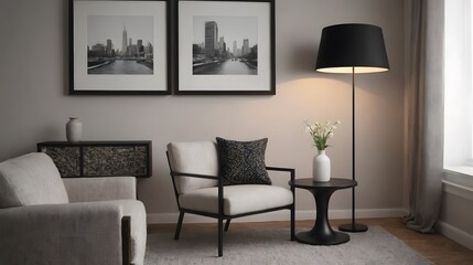 A modern living room with matching furniture theme set and decorative items 3d illustration. An empty wall and art frame mock-up template on the wall.