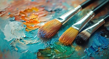 Obraz premium Vibrant paint palette with brushes set against a colorful backdrop of textured oil paints