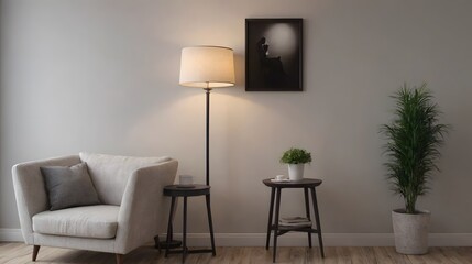 A modern living room with matching furniture theme set and decorative items 3d illustration. An empty wall and art frame mock-up template on the wall.