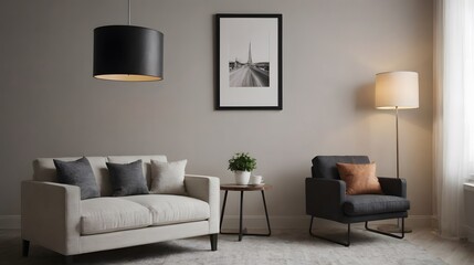 A modern living room with matching furniture theme set and decorative items 3d illustration. An empty wall and art frame mock-up template on the wall.