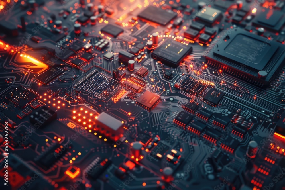 Poster a close-up view of a computer circuit board with various components and wires