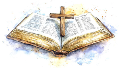 A beautifully illustrated open bible features a simple wooden cross, inviting contemplation and spiritual connection in warm, comforting tones
