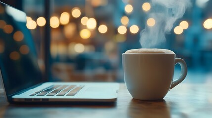 Cozy Cafe Workspace with Steaming Coffee Cup and Laptop
