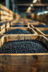 Fototapeta premium Poppy seeds harvested in wooden boxes in a warehouse. Natural organic fruit abundance. Healthy and natural food storing and shipping concept.