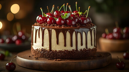 Chocolate cake topped with cherries and chocolate glaze.