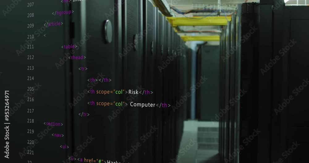 Poster Computer code animation over server racks in data center