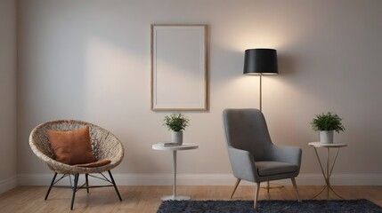 Empty photo frame on the front wall interior design mock-up template with furniture and accessories.