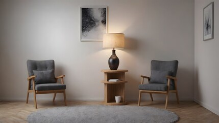 A two arm chairs seating area room with wooden flooring and the carpet interior design template.