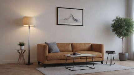 A beautiful wooden flooring interior design with a light brown sofa, a planter, wall art frame on the front wall.