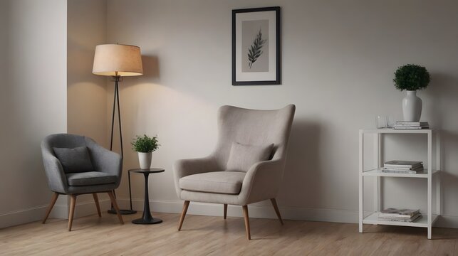 High resolution white interior design image with wooden flooring, off-white single seat arm chair, table, wall art frame mock up design.