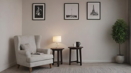 High resolution interior design image of a room with white arm chair, table, lamp and wall art frame mock up template.